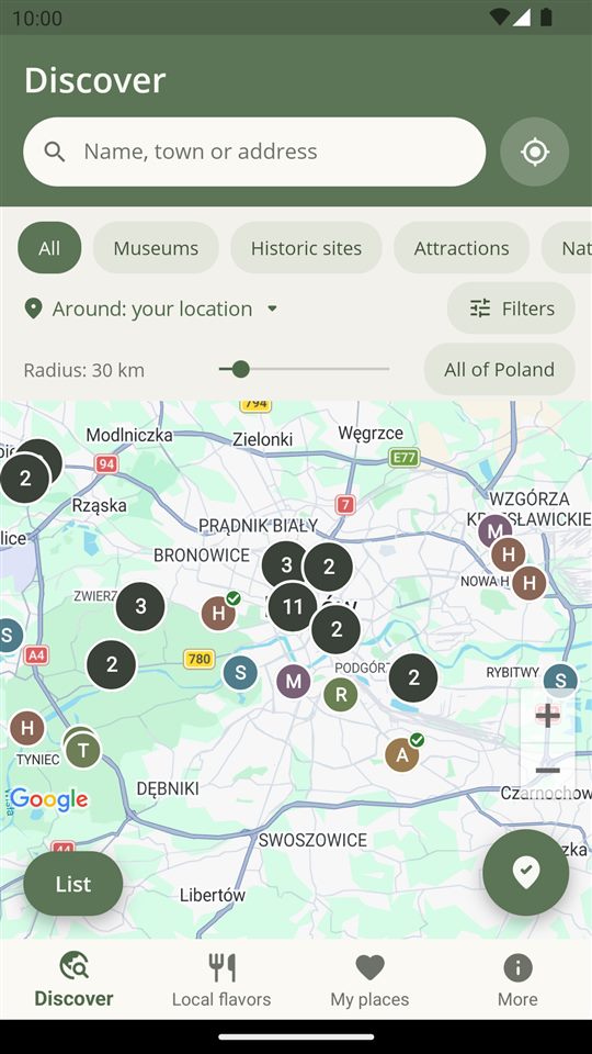Map with place pins around Kraków; visited places have a green check mark