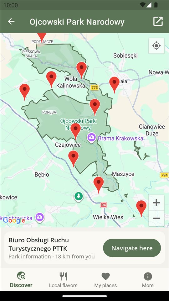 Map of Ojców National Park with its boundary, access points and the Navigate here button