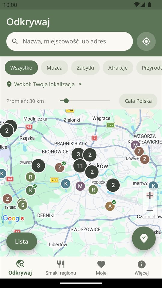 Mapa z pinezkami miejsc wokół Krakowa; odwiedzone mają zielony znaczek