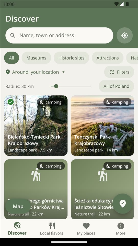 Landscape parks and forest trails around Kraków with a camping badge; a visited park has a green check mark