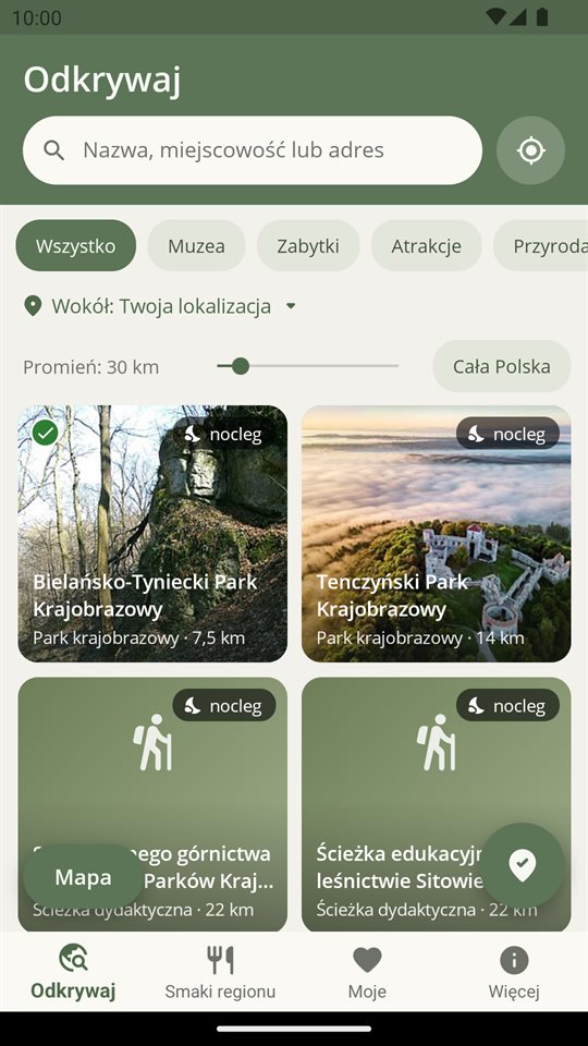 Parki krajobrazowe i leśne ścieżki w okolicy Krakowa z plakietką nocleg; odwiedzony park ma zielony znaczek