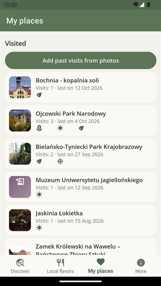 List of visited places with the number of visits, the last visit date and the seasons