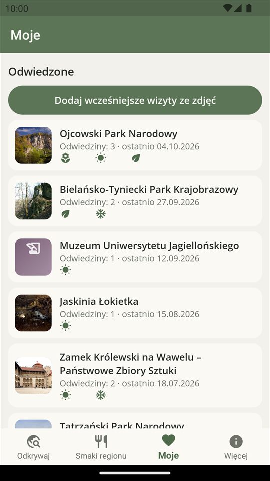 Lista odwiedzonych miejsc z liczbą wizyt, datą ostatniej wizyty i porami roku