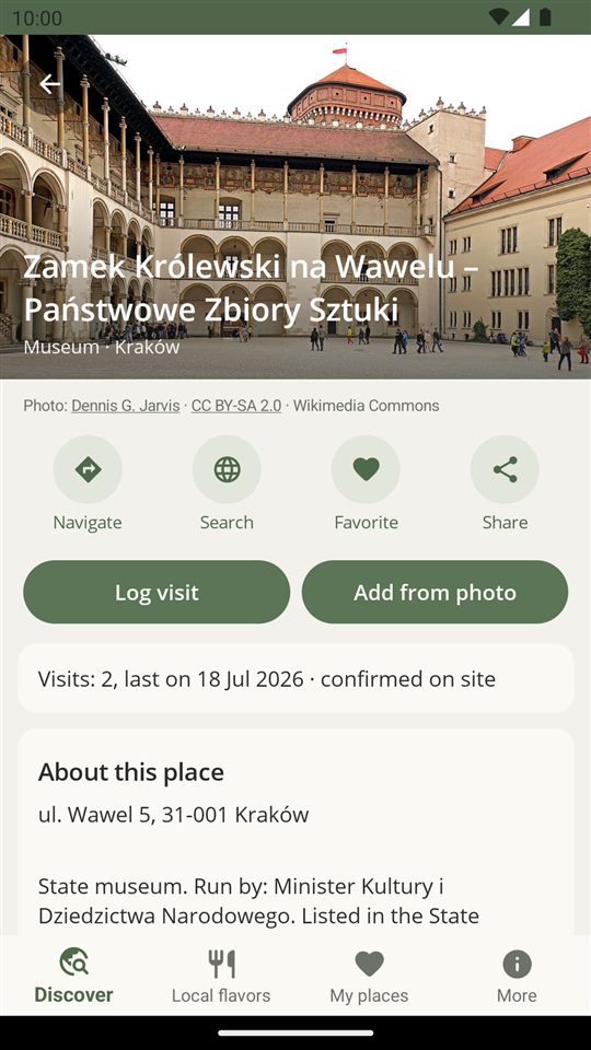 Place card of Wawel Royal Castle with Log visit and Add from photo buttons